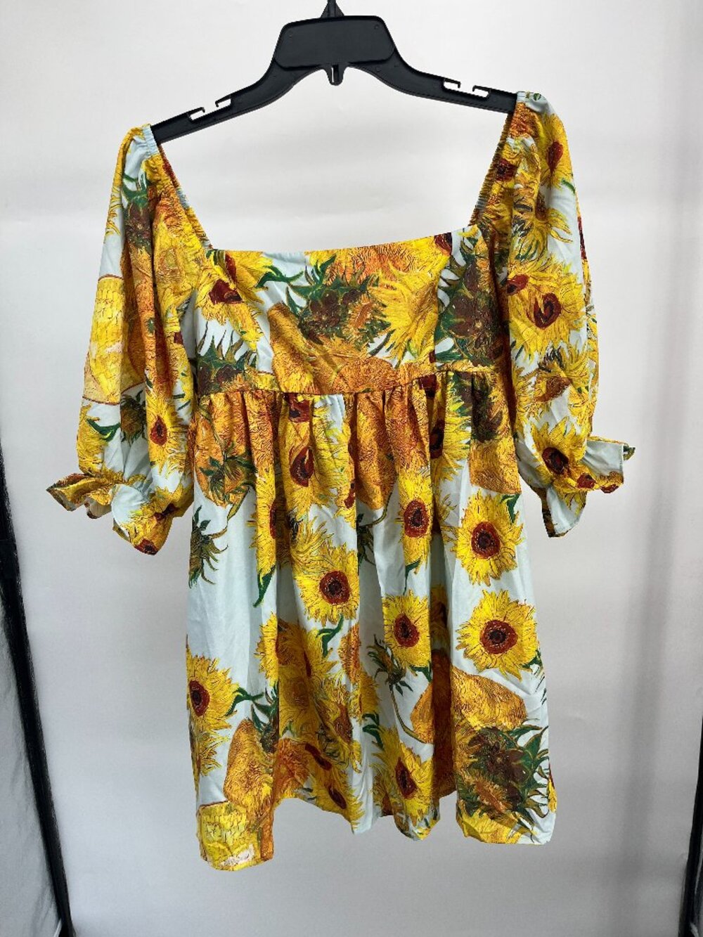Women's dress- light blue mini dress with sunflowers and puff sleeves